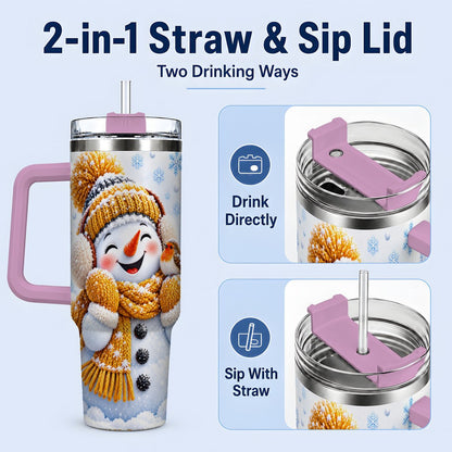 #pl[40oz|Pink] Winter Snowman Robin Tumbler 40oz, Snowflake Artwork