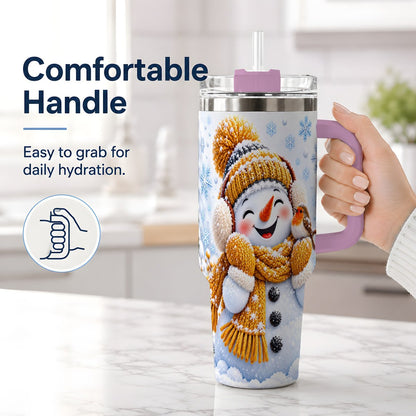#pl[40oz|Pink] Winter Snowman Robin Tumbler 40oz, Snowflake Artwork