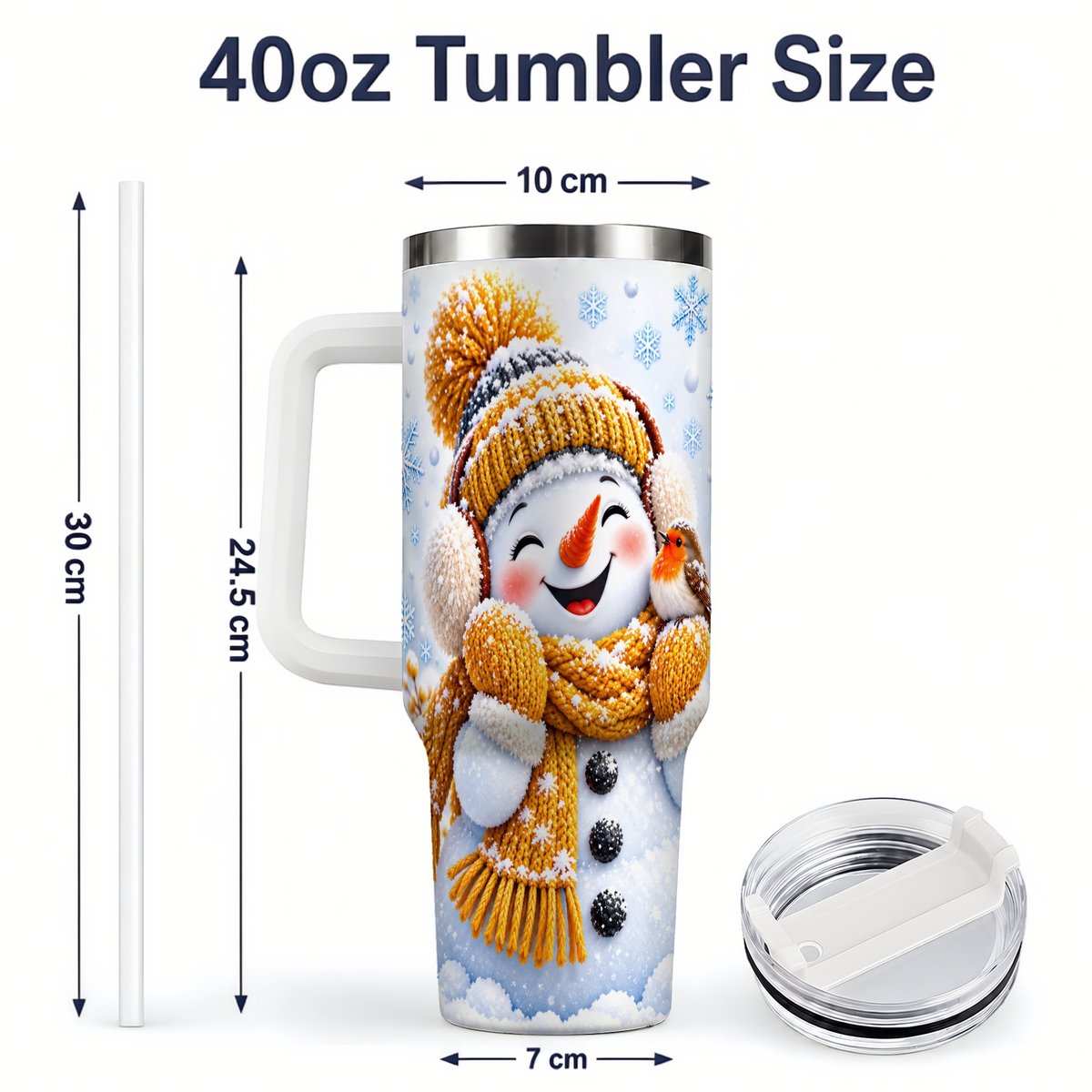 #pl[40oz|White] Winter Snowman Robin Tumbler 40oz, Snowflake Artwork