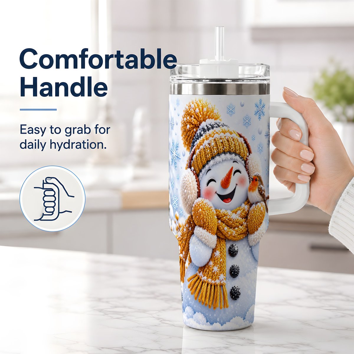 #pl[40oz|White] Winter Snowman Robin Tumbler 40oz, Snowflake Artwork