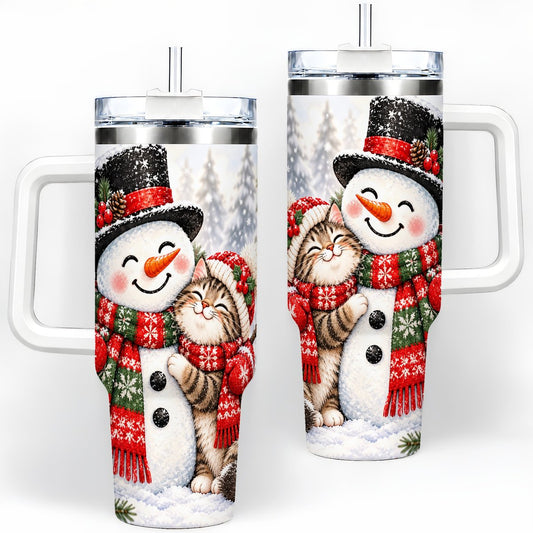 Christmas Snowman and Cat Tumbler 40oz, Winter Artwork