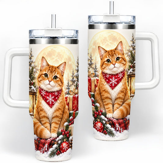 Christmas Orange Tabby Cat Tumbler 40oz, Winter Artwork