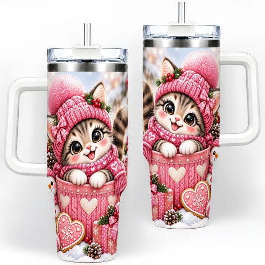 Pink Christmas Kitten Tumbler 40oz, Knit-Look Artwork