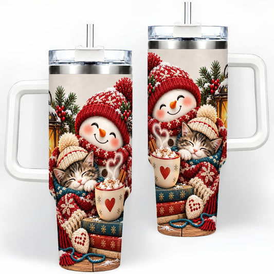 Christmas Snowman and Kitten Tumbler 40oz, Cozy Winter Scene