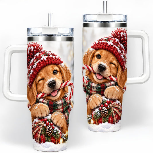 Christmas Golden Retriever Puppy Tumbler 40oz, Candy Cane Scene