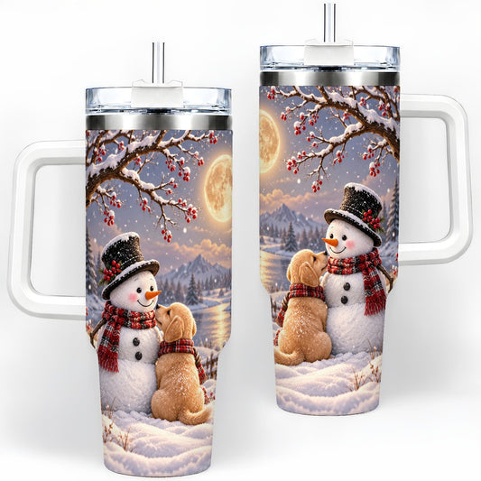 Christmas Snowman and Puppy Tumbler 40oz, Moonlit Winter Scene