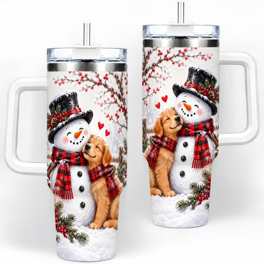 Christmas Snowman and Golden Retriever Tumbler 40oz, Winter Scene