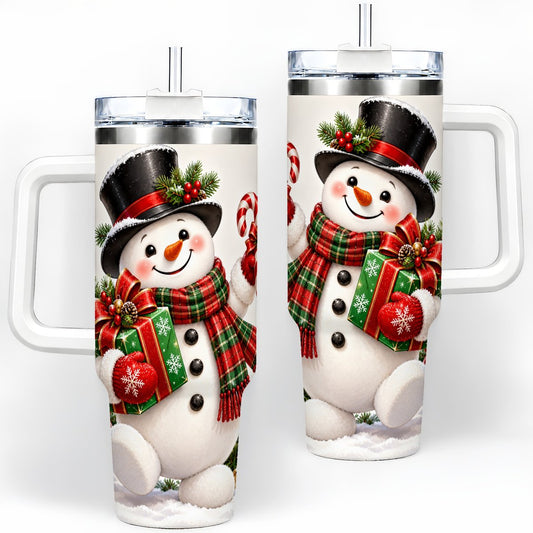 Christmas Snowman Tumbler 40oz, Candy Cane and Plaid Scarf