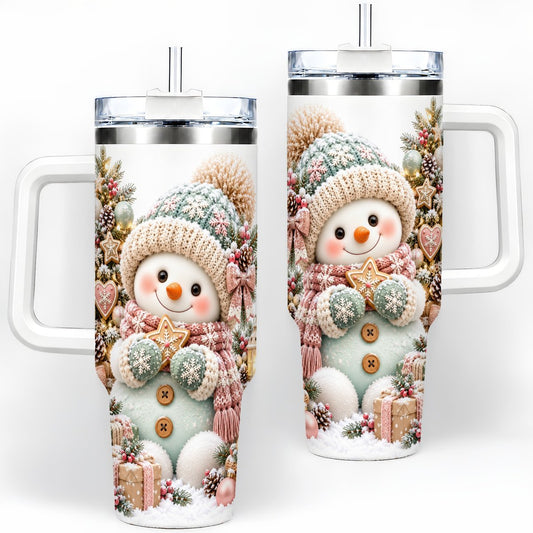 Pastel Christmas Snowman Tumbler 40oz, Decorated Tree Scene