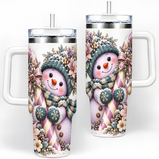 Christmas Snowman Candy Cane Tumbler 40oz, Pink Poinsettia Art