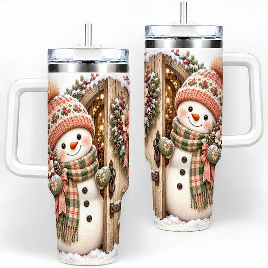 Christmas Snowman Cottage Door Tumbler 40oz, Winter Wreath Art