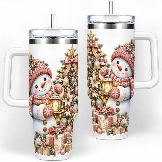 Christmas Snowman Tree Tumbler 40oz, Pink Winter Art