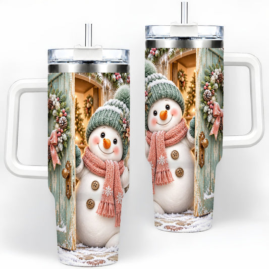 Christmas Snowman Door Wreath Tumbler 40oz, Winter Art