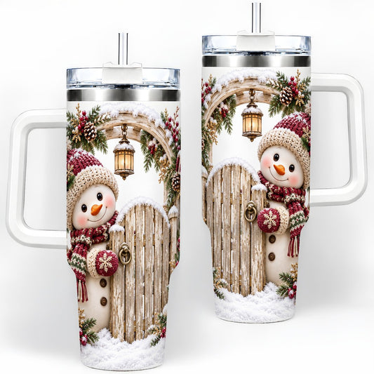Christmas Snowman Tumbler 40oz, Snowy Wooden Gate Artwork