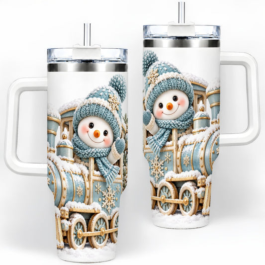 Christmas Snowman Train Tumbler 40oz, Blue and Gold Design