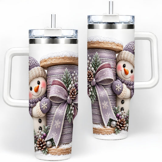 Winter Snowman Ribbon Tumbler 40oz, Purple Cozy Design