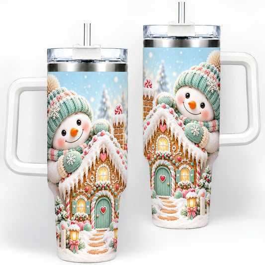 Christmas Snowman Gingerbread House Tumbler 40oz, Winter Art