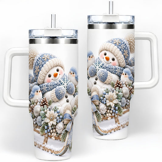Snowman Sleigh with Bluebirds Tumbler 40oz, Winter Artwork