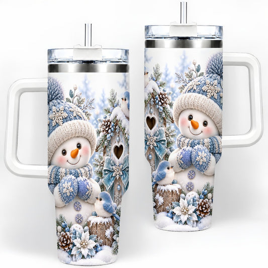 Snowman and Bluebirds by Birdhouse Tumbler 40oz, Winter Art