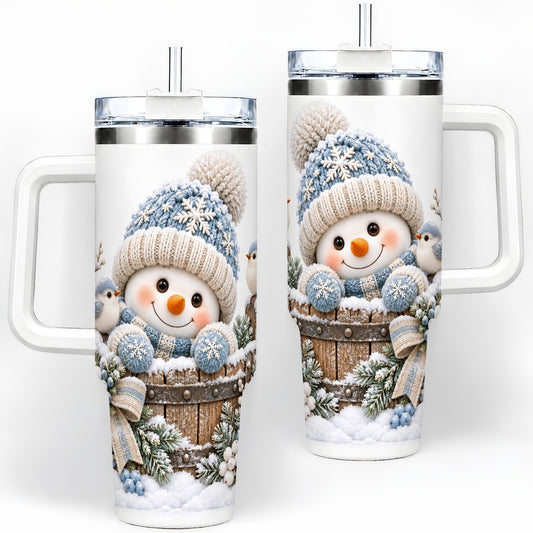 Snowman in Wooden Barrel Tumbler 40oz, Winter Artwork