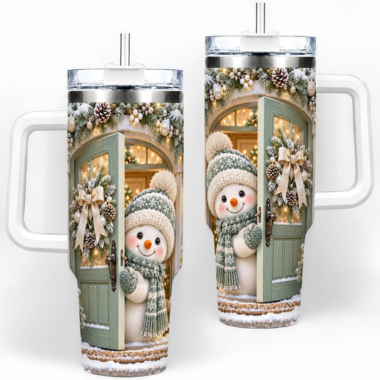 Christmas Snowman in Doorway Tumbler 40oz, Winter Scene