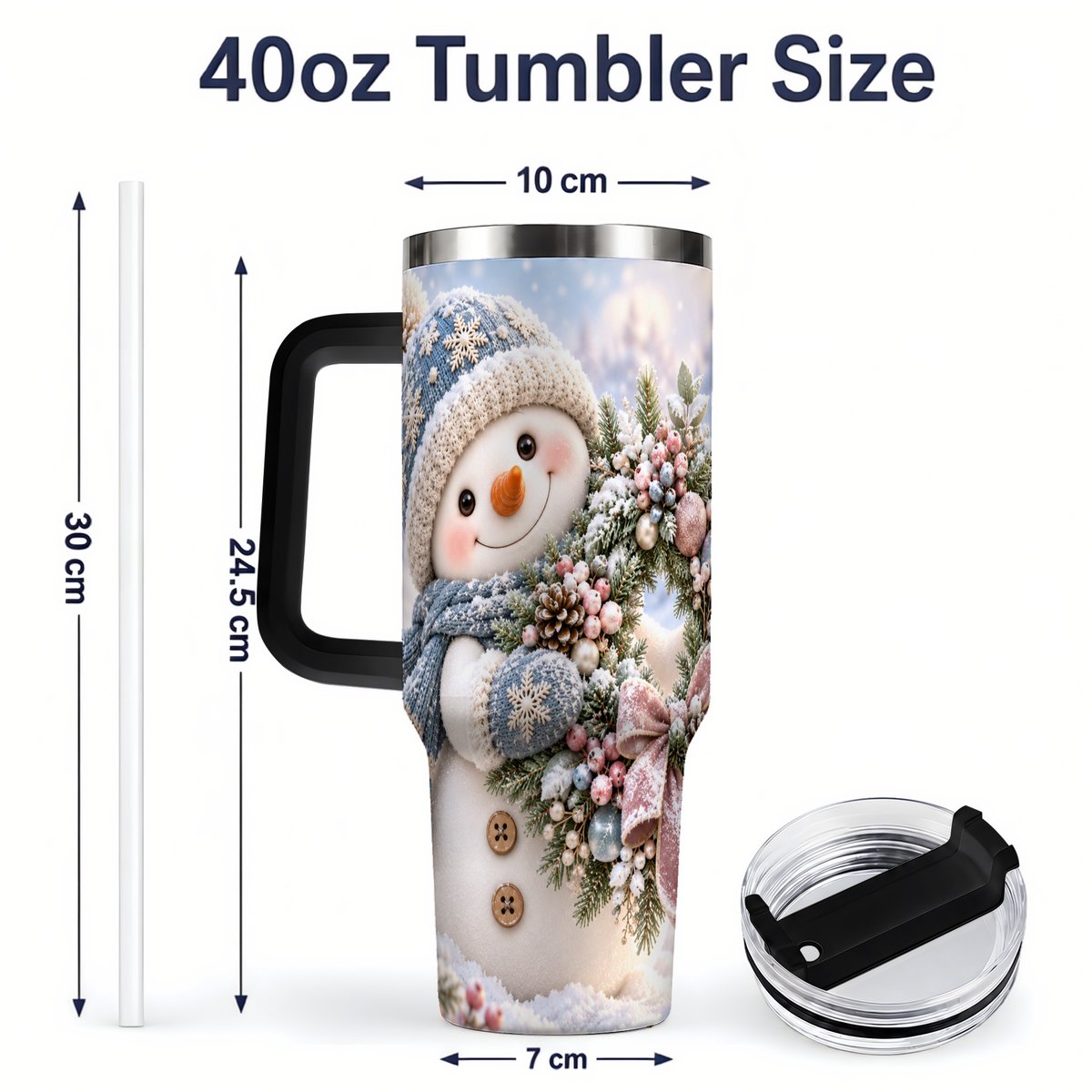 #pl[40oz|Black] Snowman with Christmas Wreath Tumbler 40oz, Winter Artwork