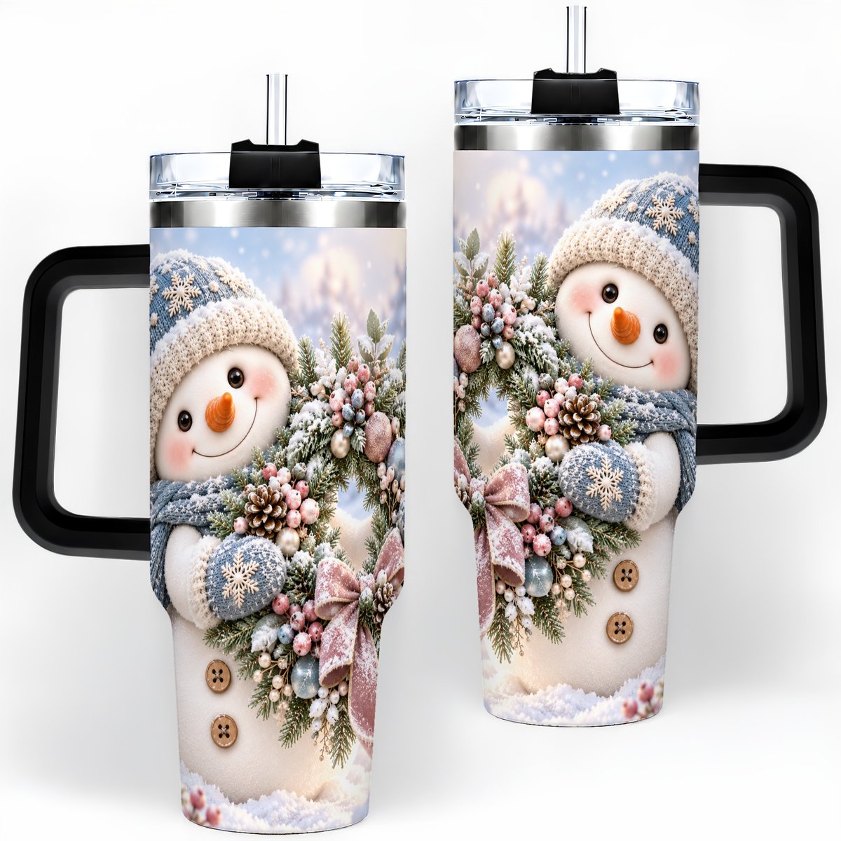 #pl[40oz|Black] Snowman with Christmas Wreath Tumbler 40oz, Winter Artwork