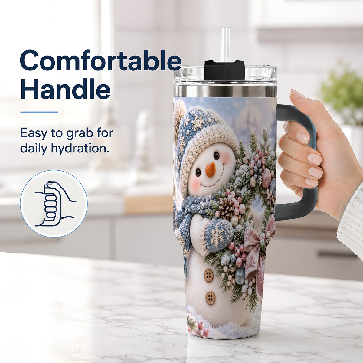 #pl[40oz|Black] Snowman with Christmas Wreath Tumbler 40oz, Winter Artwork