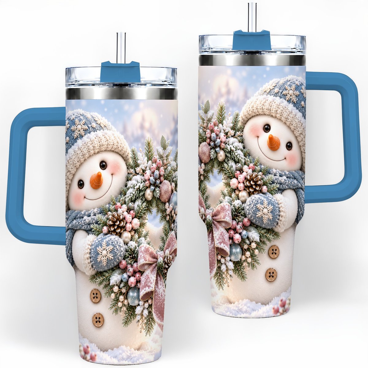 #pl[40oz|Blue] Snowman with Christmas Wreath Tumbler 40oz, Winter Artwork