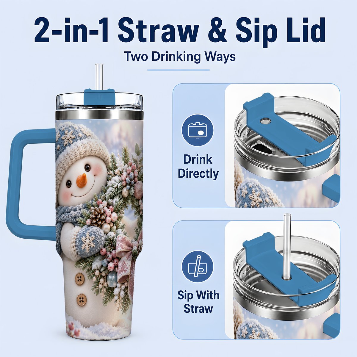 #pl[40oz|Blue] Snowman with Christmas Wreath Tumbler 40oz, Winter Artwork