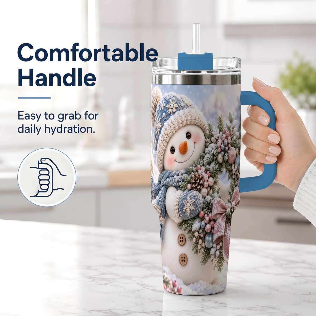 #pl[40oz|Blue] Snowman with Christmas Wreath Tumbler 40oz, Winter Artwork