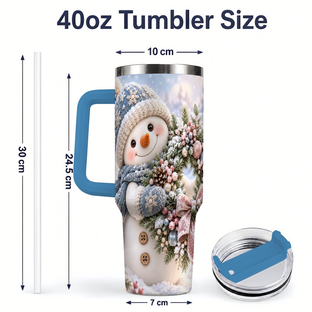 #pl[40oz|Blue] Snowman with Christmas Wreath Tumbler 40oz, Winter Artwork