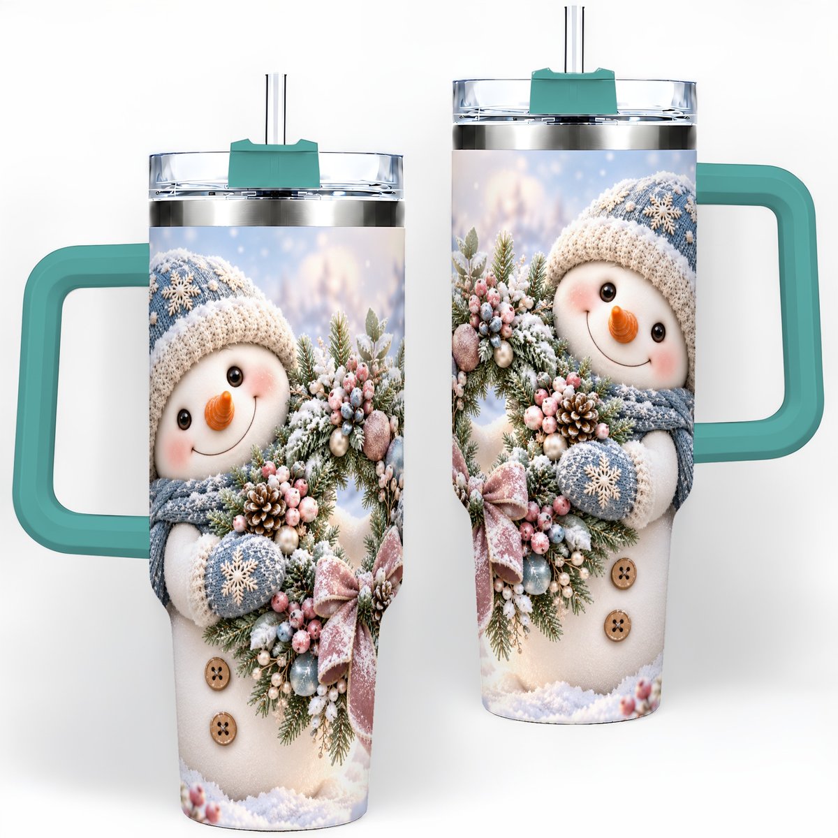 #pl[40oz|Green] Snowman with Christmas Wreath Tumbler 40oz, Winter Artwork