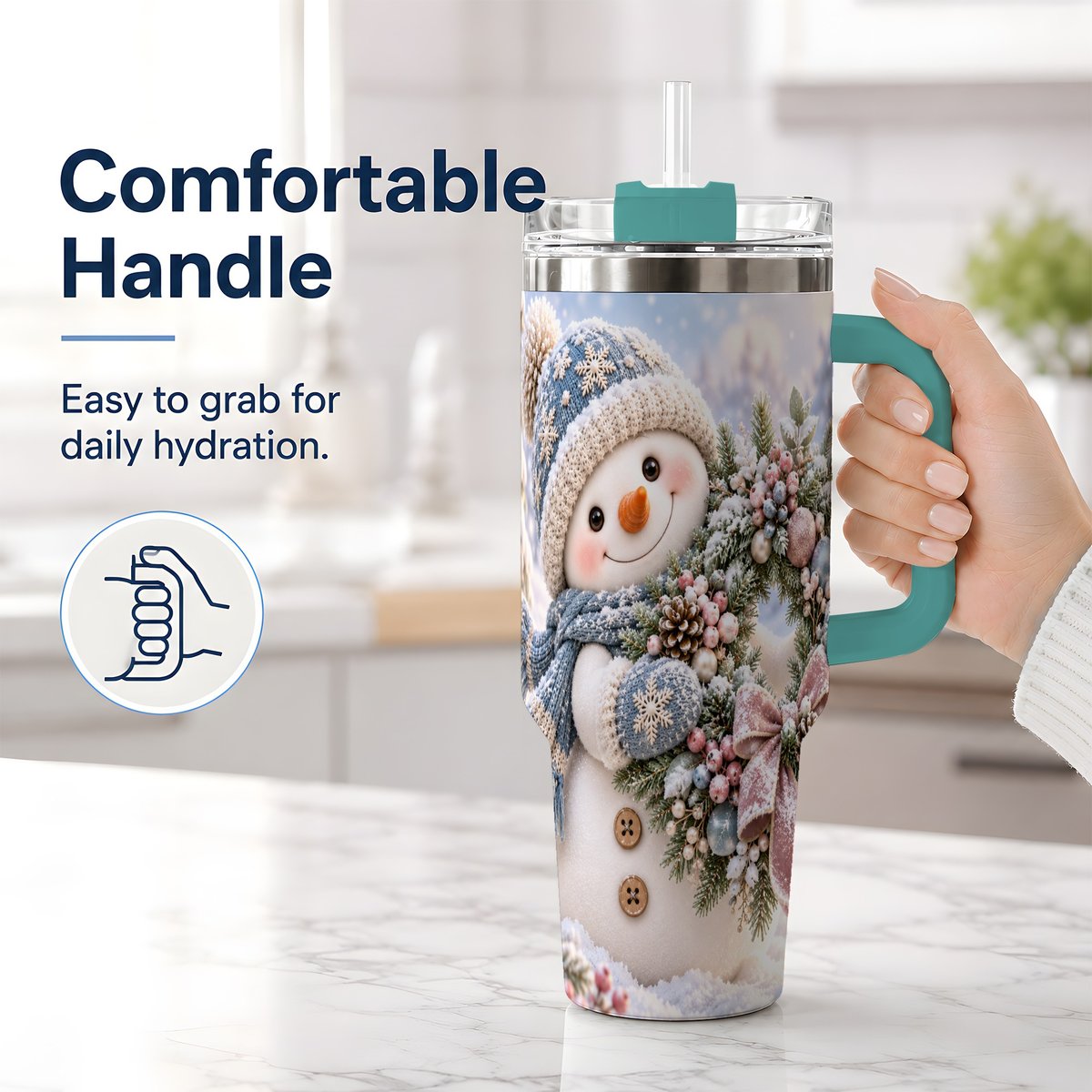 #pl[40oz|Green] Snowman with Christmas Wreath Tumbler 40oz, Winter Artwork