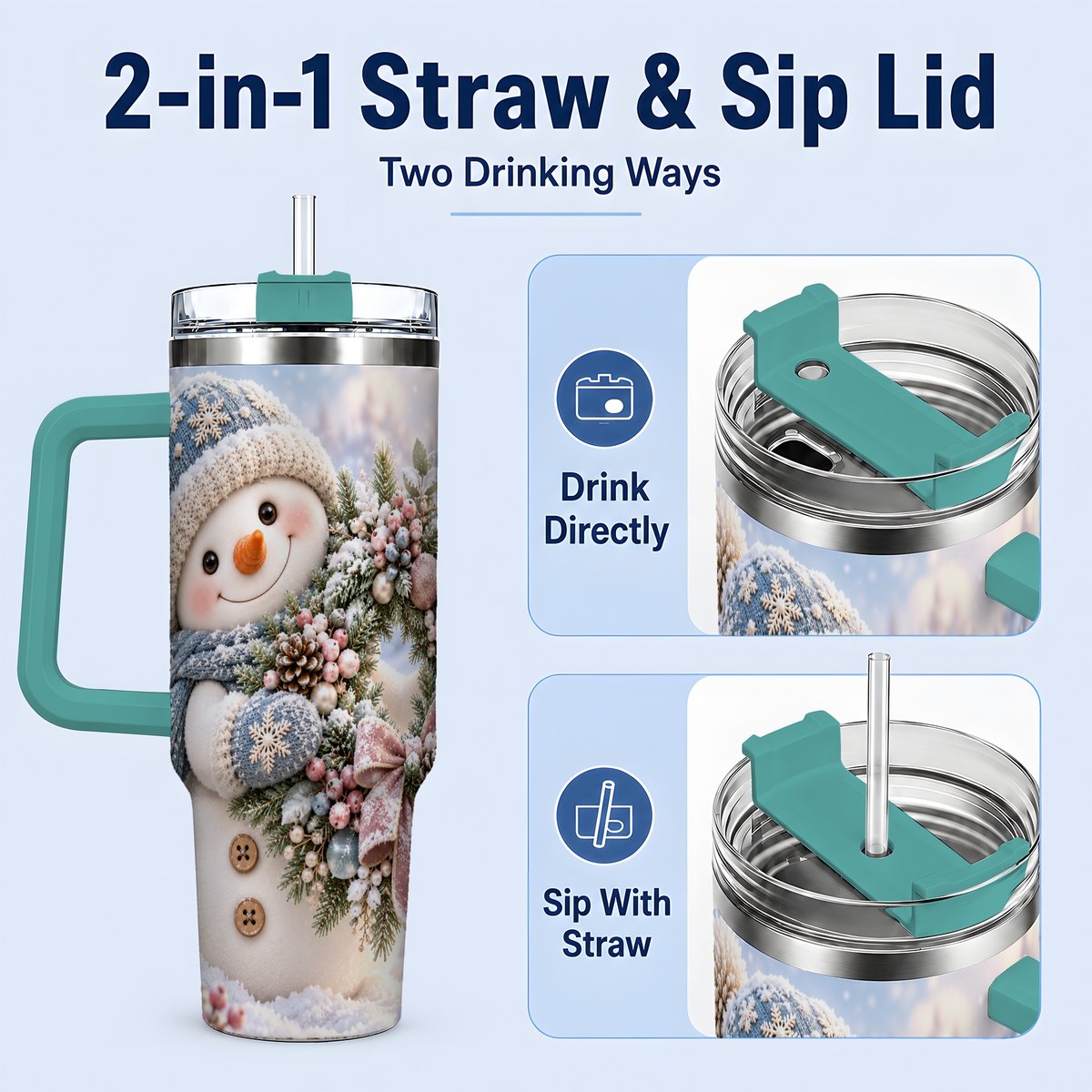 #pl[40oz|Green] Snowman with Christmas Wreath Tumbler 40oz, Winter Artwork