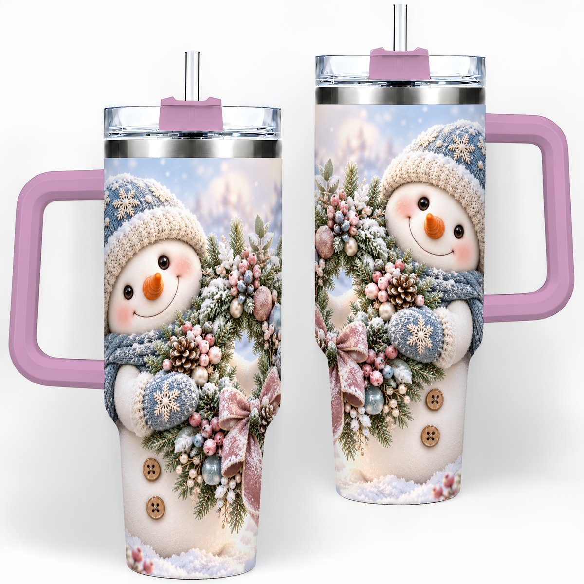 #pl[40oz|Pink] Snowman with Christmas Wreath Tumbler 40oz, Winter Artwork