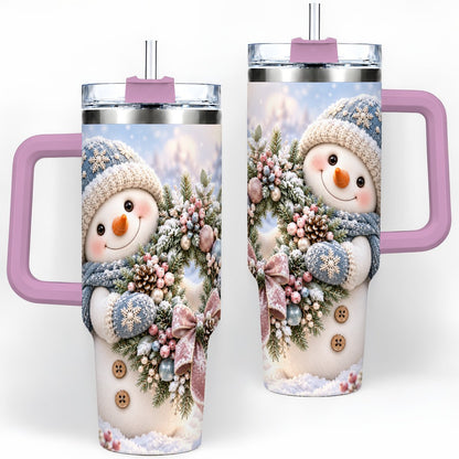 #pl[40oz|Pink] Snowman with Christmas Wreath Tumbler 40oz, Winter Artwork