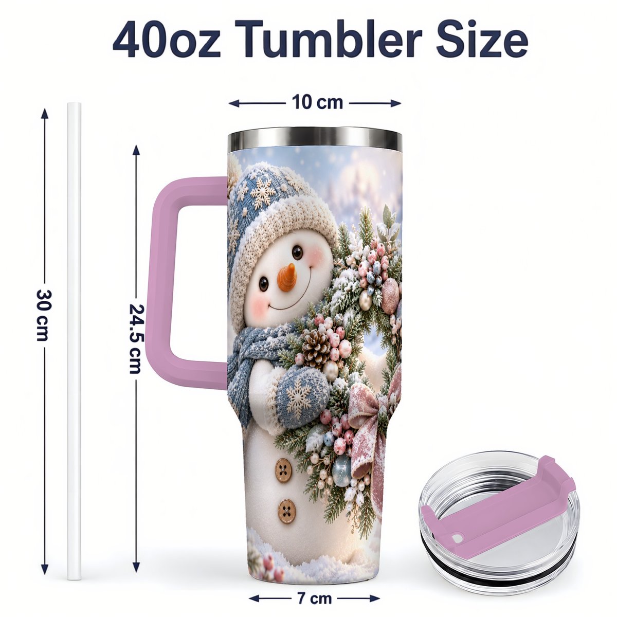 #pl[40oz|Pink] Snowman with Christmas Wreath Tumbler 40oz, Winter Artwork