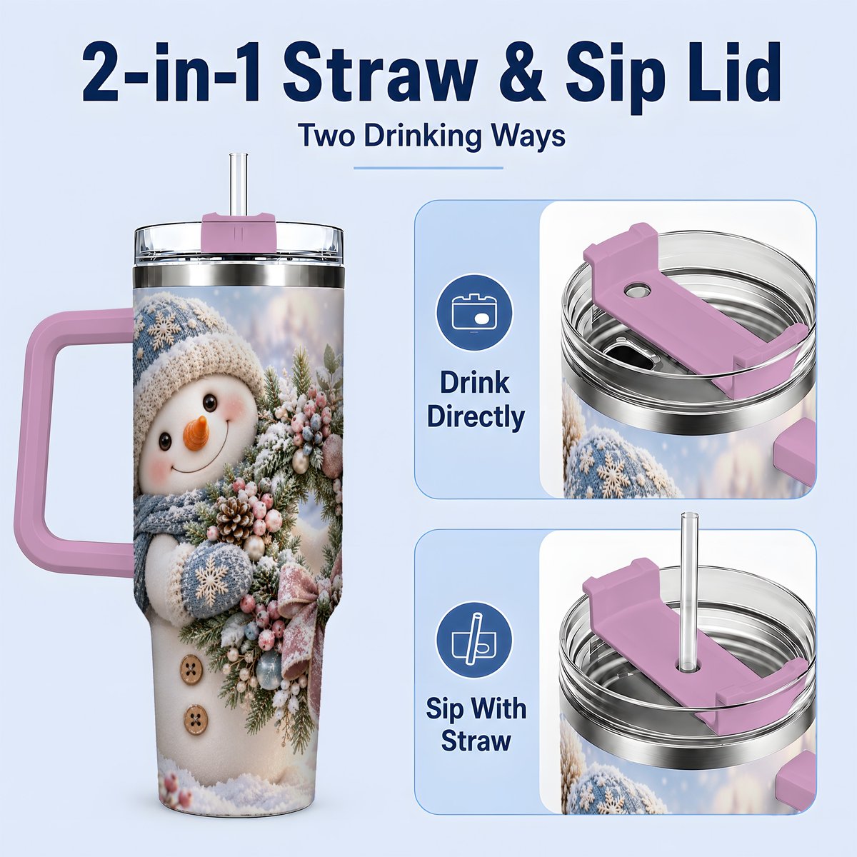 #pl[40oz|Pink] Snowman with Christmas Wreath Tumbler 40oz, Winter Artwork