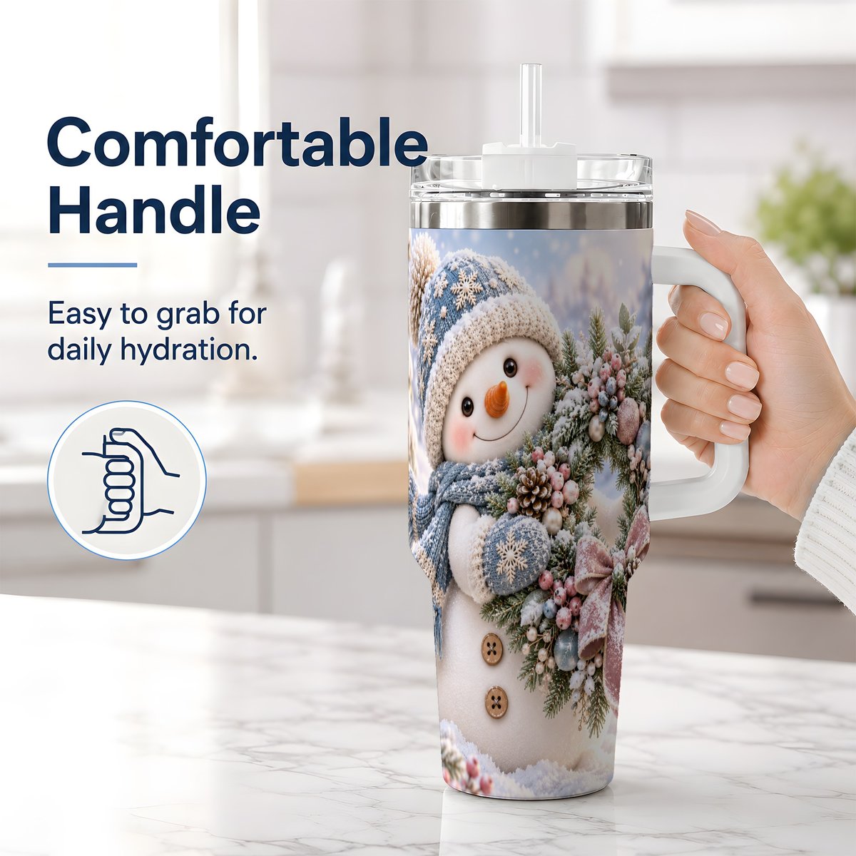 #pl[40oz|White] Snowman with Christmas Wreath Tumbler 40oz, Winter Artwork