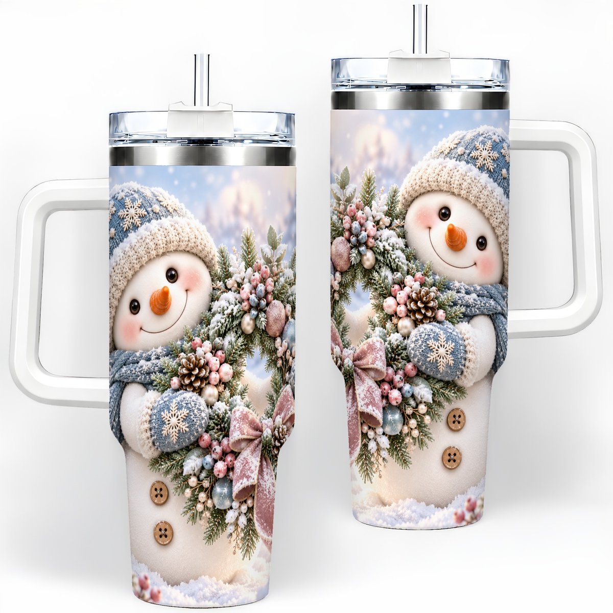 Snowman with Christmas Wreath Tumbler 40oz, Winter Artwork
