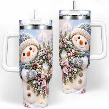 Snowman with Christmas Wreath Tumbler 40oz, Winter Artwork