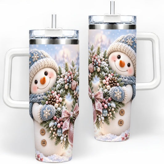 Snowman with Christmas Wreath Tumbler 40oz, Winter Artwork