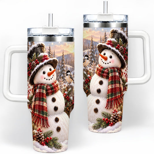 Winter Snowman and Chickadee Tumbler 40oz, Woodland Art