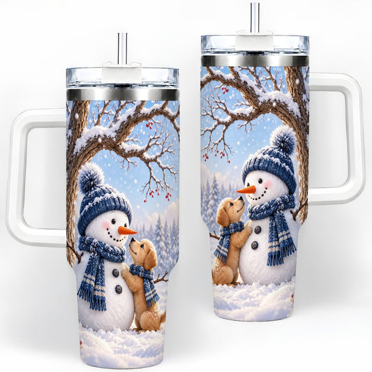 Winter Snowman and Puppy Tumbler 40oz, Woodland Art