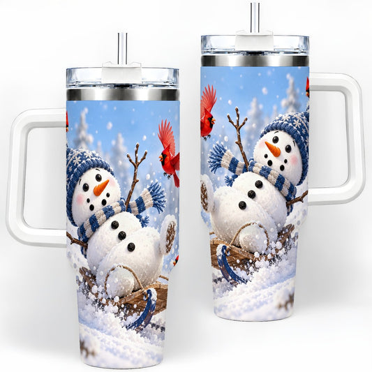 Snowman and Cardinals Tumbler 40oz, Blue Winter Sled Artwork