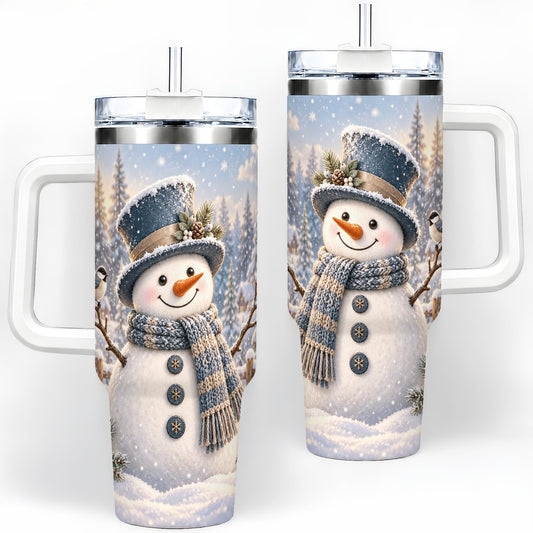 Winter Snowman Tumbler 40oz, Cozy Blue Scarf Forest Design