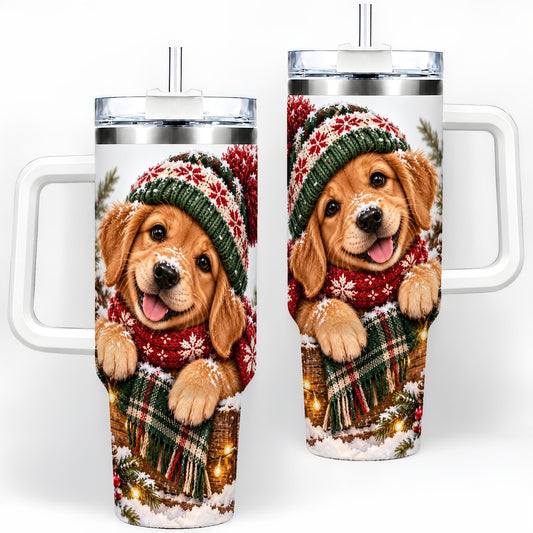 Christmas Golden Retriever Tumbler 40oz, Puppy Winter Scene