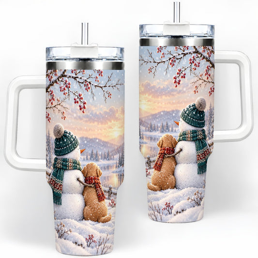Snowman and Golden Retriever Tumbler 40oz, Winter Friendship Art