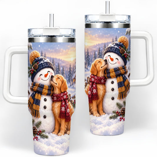 Snowman and Golden Retriever Tumbler 40oz, Snowy Cottage Art